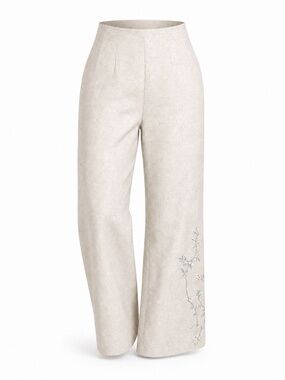 100% Linen Vintage Donna Morgan Light Beige Wide-Leg Embroidered Trousers